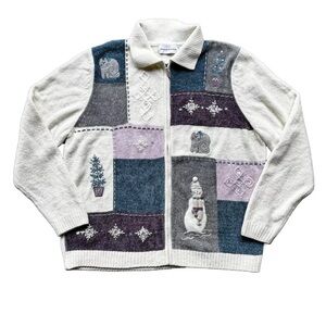 Alfred Dunner Christmas Themed Sweater with Snowmen & Cats White Winter NWOT